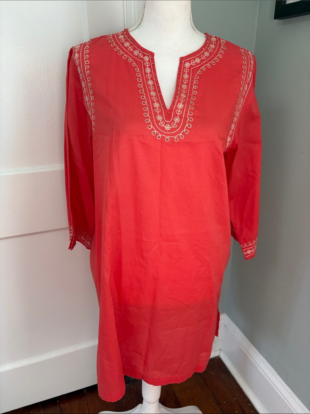 Lands' End Coral Red Embroidered Beaded V-Notch Tunic Shirt Cotton Size Small